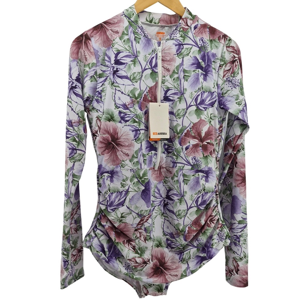 AXESEA Womens Floral Rash Guard Long Sleeve Swimsuit Surfing UPF 50 Size‎ 16 New